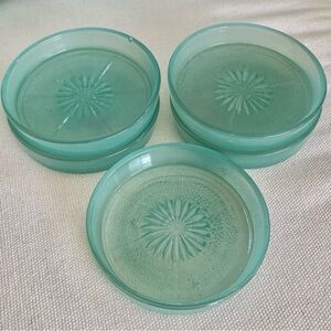 6 VTG Federal Glass Green Star Pattern Glass Bottle Coaster Snack Dish Atomic